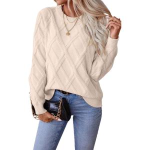 imageSHEWIN Womens Sweaters Crewneck Cable Knit Sweater Long Sleeve Fall Tops for Women 2025Beige