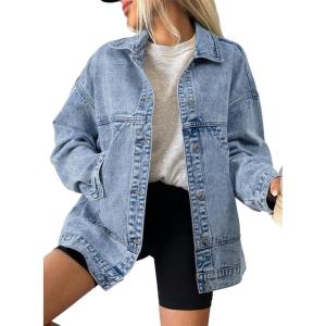 imageSHEWIN Womens Denim Jacket Casual Long Sleeve Drop Shoulder Button Front Jean Jacket Coat With PocketsAshleigh Blue