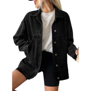 imageSHEWIN Womens Denim Jacket Casual Long Sleeve Drop Shoulder Button Front Jean Jacket Coat With PocketsBlack