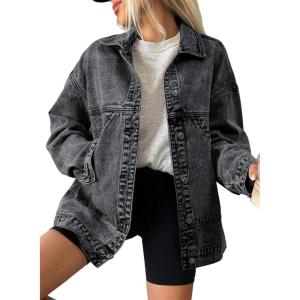 imageSHEWIN Womens Denim Jacket Casual Long Sleeve Drop Shoulder Button Front Jean Jacket Coat With PocketsDark Grey