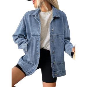 imageSHEWIN Womens Denim Jacket Casual Long Sleeve Drop Shoulder Button Front Jean Jacket Coat With PocketsDusk Blue