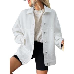 imageSHEWIN Womens Denim Jacket Casual Long Sleeve Drop Shoulder Button Front Jean Jacket Coat With PocketsWhite