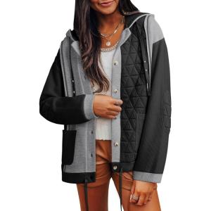 imageSHEWIN Womens Waffle Knit Shacket Lightweight Button Down Shirt Quilted Textured Patchwork Hooded Drawstring JacketBlack