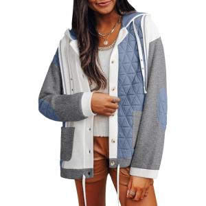 imageSHEWIN Womens Waffle Knit Shacket Lightweight Button Down Shirt Quilted Textured Patchwork Hooded Drawstring JacketBlue
