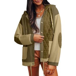 imageSHEWIN Womens Waffle Knit Shacket Lightweight Button Down Shirt Quilted Textured Patchwork Hooded Drawstring JacketJungle Green