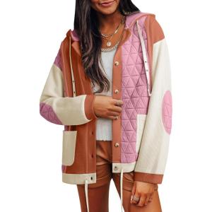 imageSHEWIN Womens Waffle Knit Shacket Lightweight Button Down Shirt Quilted Textured Patchwork Hooded Drawstring JacketPink