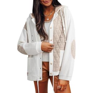 imageSHEWIN Womens Waffle Knit Shacket Lightweight Button Down Shirt Quilted Textured Patchwork Hooded Drawstring JacketWhite