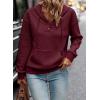 imageSHEWIN Womens Hoodies Casual Long Sleeve Quilted Half Button Drop Shoulder Pullover Tops Loose Drawstring Hooded SweatshirtRed