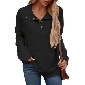 imageSHEWIN Fall Womens Oversized Sweatshirt Button Up Comfy Pullover SweatshirtBlack