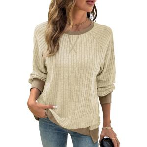 imageSHEWIN Women Color Block Patchwork Sweatshirt 2025 Fall Pullover Oversized TopsApricot