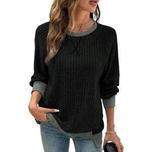imageSHEWIN Women Color Block Patchwork Sweatshirt 2025 Fall Pullover Oversized TopsBlack