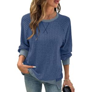imageSHEWIN Women Color Block Patchwork Sweatshirt 2025 Fall Pullover Oversized TopsBlue