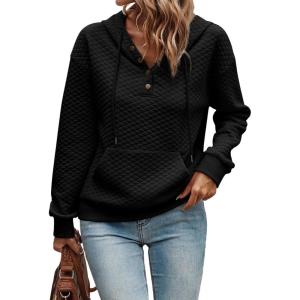imageSHEWIN Womens Hoodies Casual Long Sleeve Quilted Half Button Drop Shoulder Pullover Tops Loose Drawstring Hooded SweatshirtBlack