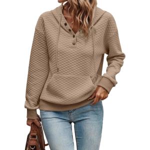 imageSHEWIN Womens Hoodies Casual Long Sleeve Quilted Half Button Drop Shoulder Pullover Tops Loose Drawstring Hooded SweatshirtKhaki