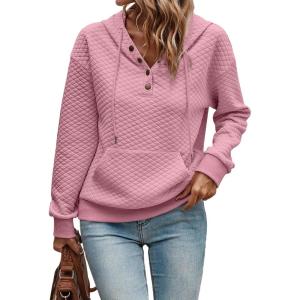 imageSHEWIN Womens Hoodies Casual Long Sleeve Quilted Half Button Drop Shoulder Pullover Tops Loose Drawstring Hooded SweatshirtPink