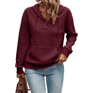 imageSHEWIN Womens Hoodies Casual Long Sleeve Quilted Half Button Drop Shoulder Pullover Tops Loose Drawstring Hooded SweatshirtRed