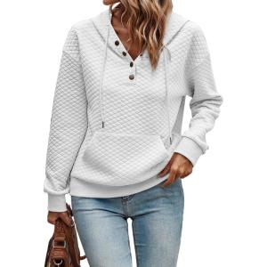 imageSHEWIN Womens Hoodies Casual Long Sleeve Quilted Half Button Drop Shoulder Pullover Tops Loose Drawstring Hooded SweatshirtWhite