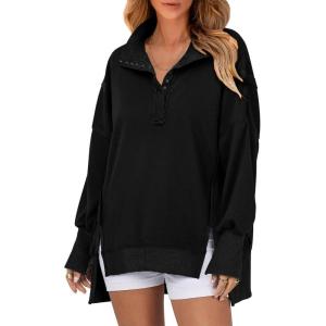 imageSHEWIN Womens Reverse Seam SnapButton Henley Sweatshirt Casual Loose High Low Split Pullover TopsBlack