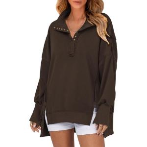 imageSHEWIN Womens Reverse Seam SnapButton Henley Sweatshirt Casual Loose High Low Split Pullover TopsBrown