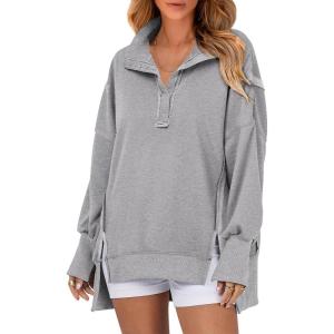 imageSHEWIN Womens Reverse Seam SnapButton Henley Sweatshirt Casual Loose High Low Split Pullover TopsGrey