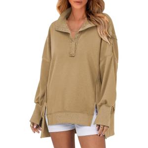 imageSHEWIN Womens Reverse Seam SnapButton Henley Sweatshirt Casual Loose High Low Split Pullover TopsKhaki