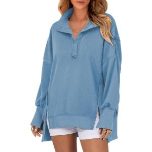 imageSHEWIN Womens Reverse Seam SnapButton Henley Sweatshirt Casual Loose High Low Split Pullover TopsLight Blue