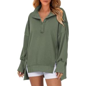imageSHEWIN Womens Reverse Seam SnapButton Henley Sweatshirt Casual Loose High Low Split Pullover TopsMoss Green