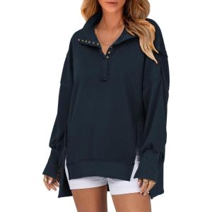imageSHEWIN Womens Reverse Seam SnapButton Henley Sweatshirt Casual Loose High Low Split Pullover TopsNavy Blue