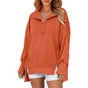imageSHEWIN Womens Reverse Seam SnapButton Henley Sweatshirt Casual Loose High Low Split Pullover TopsOrange