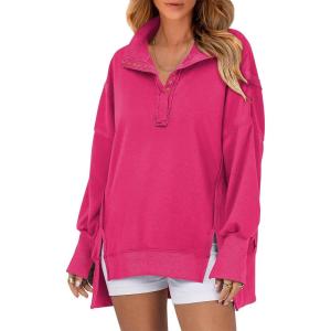 imageSHEWIN Womens Reverse Seam SnapButton Henley Sweatshirt Casual Loose High Low Split Pullover TopsRose Red