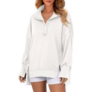 imageSHEWIN Womens Reverse Seam SnapButton Henley Sweatshirt Casual Loose High Low Split Pullover TopsWhite