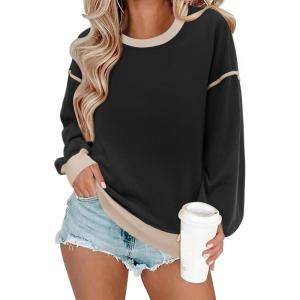 imageSHEWIN Womens Sweatshirt Casual Long Sleeve Lightweight Crewneck Sweatshirts Loose Solid Contrast Trim Pullover TopsBlack