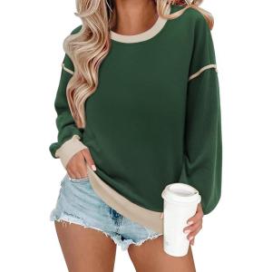 imageSHEWIN Womens Sweatshirt Casual Long Sleeve Lightweight Crewneck Sweatshirts Loose Solid Contrast Trim Pullover TopsBlackish Green