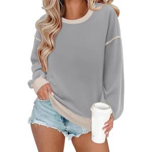 imageSHEWIN Womens Sweatshirt Casual Long Sleeve Lightweight Crewneck Sweatshirts Loose Solid Contrast Trim Pullover TopsGrey