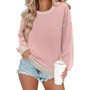 imageSHEWIN Womens Sweatshirt Casual Long Sleeve Lightweight Crewneck Sweatshirts Loose Solid Contrast Trim Pullover TopsPink