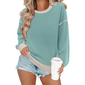 imageSHEWIN Womens Sweatshirt Casual Long Sleeve Lightweight Crewneck Sweatshirts Loose Solid Contrast Trim Pullover TopsSoft Aqua
