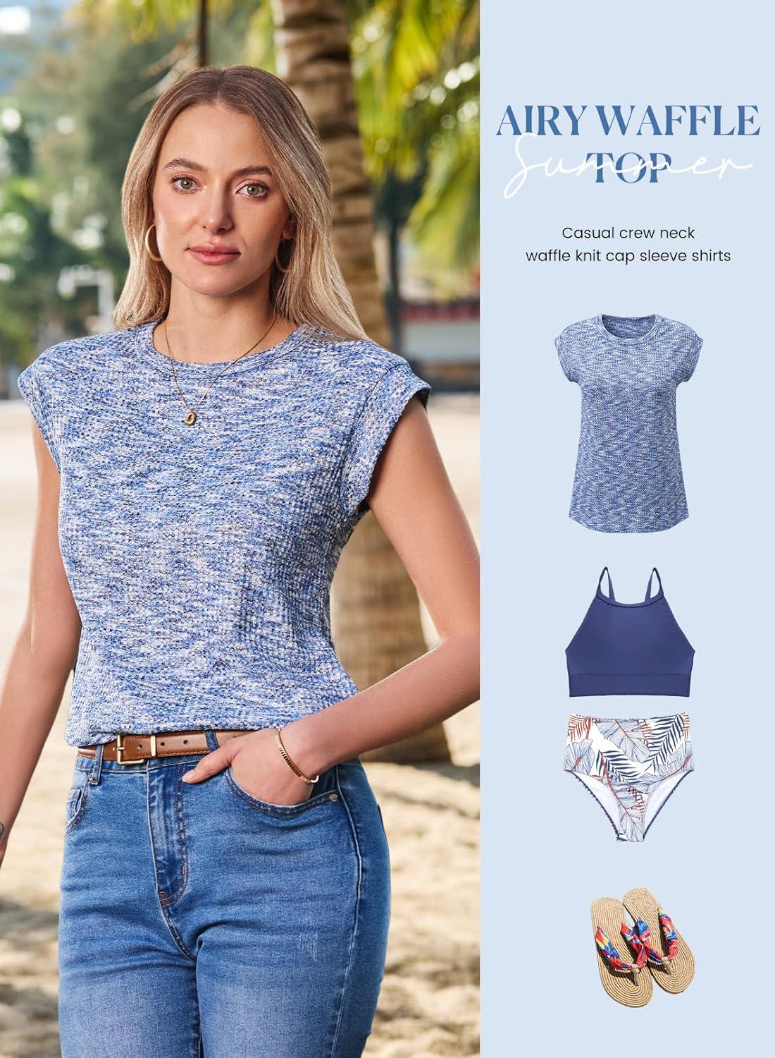 imageSHEWIN Summer Women Dressy Lightweight Tops Waffle Knit Multicolor Fabric ShirtsGray