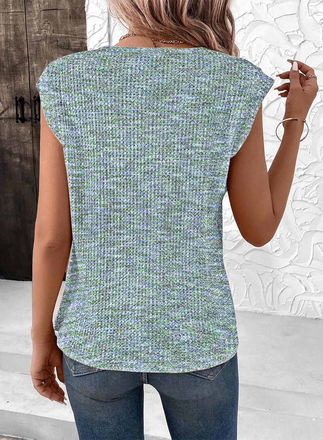 imageSHEWIN Summer Women Dressy Lightweight Tops Waffle Knit Multicolor Fabric ShirtsGreen