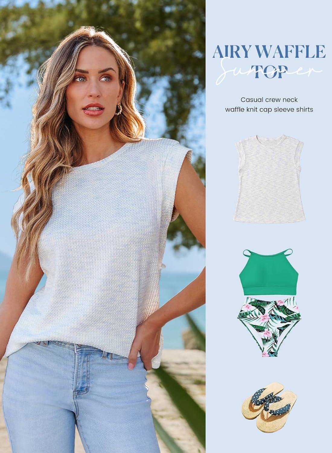 imageSHEWIN Summer Women Dressy Lightweight Tops Waffle Knit Multicolor Fabric ShirtsGreen