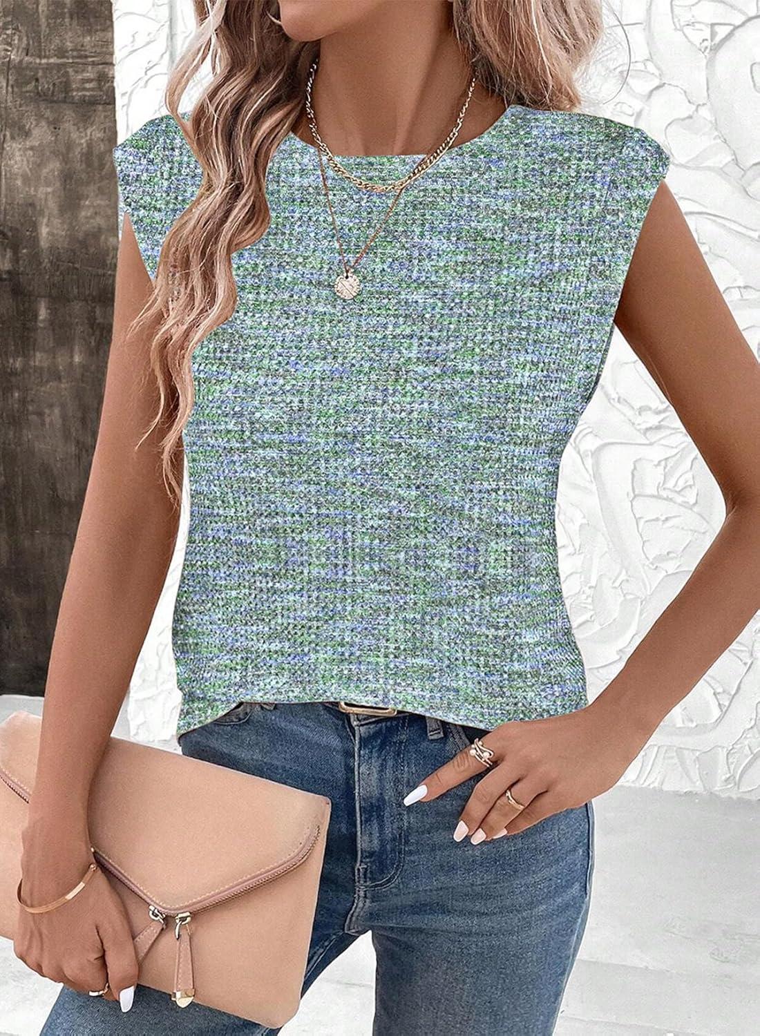 imageSHEWIN Summer Women Dressy Lightweight Tops Waffle Knit Multicolor Fabric ShirtsGreen