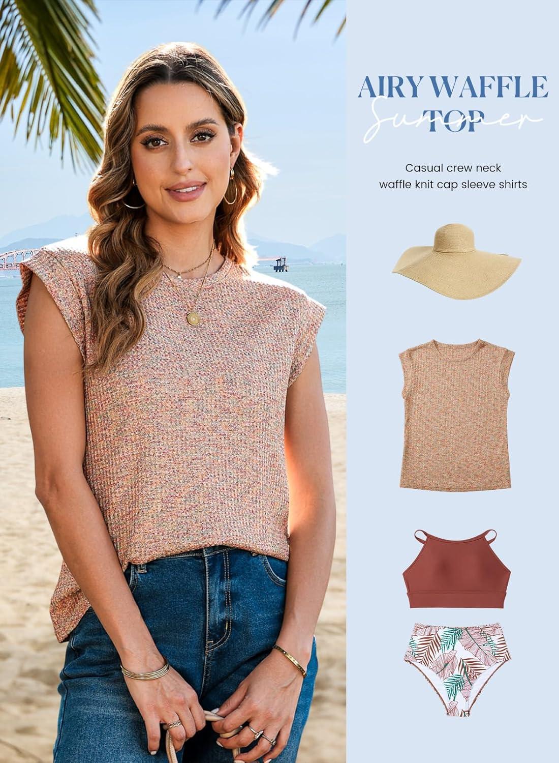 imageSHEWIN Summer Women Dressy Lightweight Tops Waffle Knit Multicolor Fabric ShirtsMulticolour