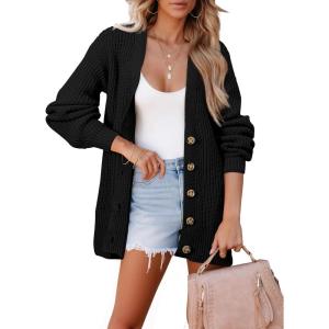 imageSHEWIN Womens Oversized Open Front Cardigan Sweaters Long Lantern Sleeve Button Knit Chunky Sweater Outerwear CoatsB Black