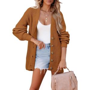 imageSHEWIN Womens Oversized Open Front Cardigan Sweaters Long Lantern Sleeve Button Knit Chunky Sweater Outerwear CoatsB Brown