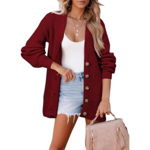 imageSHEWIN Womens Oversized Open Front Cardigan Sweaters Long Lantern Sleeve Button Knit Chunky Sweater Outerwear CoatsBiking Red