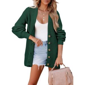 imageSHEWIN Womens Oversized Open Front Cardigan Sweaters Long Lantern Sleeve Button Knit Chunky Sweater Outerwear CoatsBlackish Green