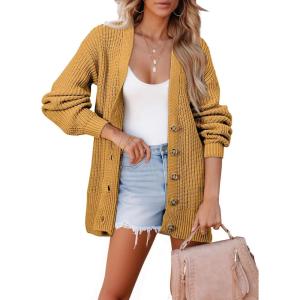 imageSHEWIN Womens Oversized Open Front Cardigan Sweaters Long Lantern Sleeve Button Knit Chunky Sweater Outerwear CoatsCamel
