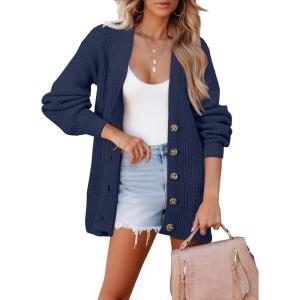 imageSHEWIN Womens Oversized Open Front Cardigan Sweaters Long Lantern Sleeve Button Knit Chunky Sweater Outerwear CoatsNavy Blue