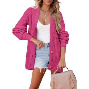 imageSHEWIN Womens Oversized Open Front Cardigan Sweaters Long Lantern Sleeve Button Knit Chunky Sweater Outerwear CoatsStrawberry Pink