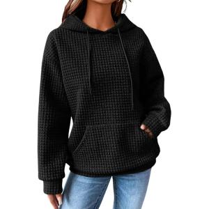 imageSHEWIN Womens Hoodies Casual Long Sleeve Drawstring Waffle Pullover Tops Loose Hooded Sweatshirt with PocketBblack