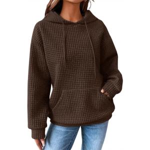 imageSHEWIN Womens Hoodies Casual Long Sleeve Drawstring Waffle Pullover Tops Loose Hooded Sweatshirt with PocketBbrown